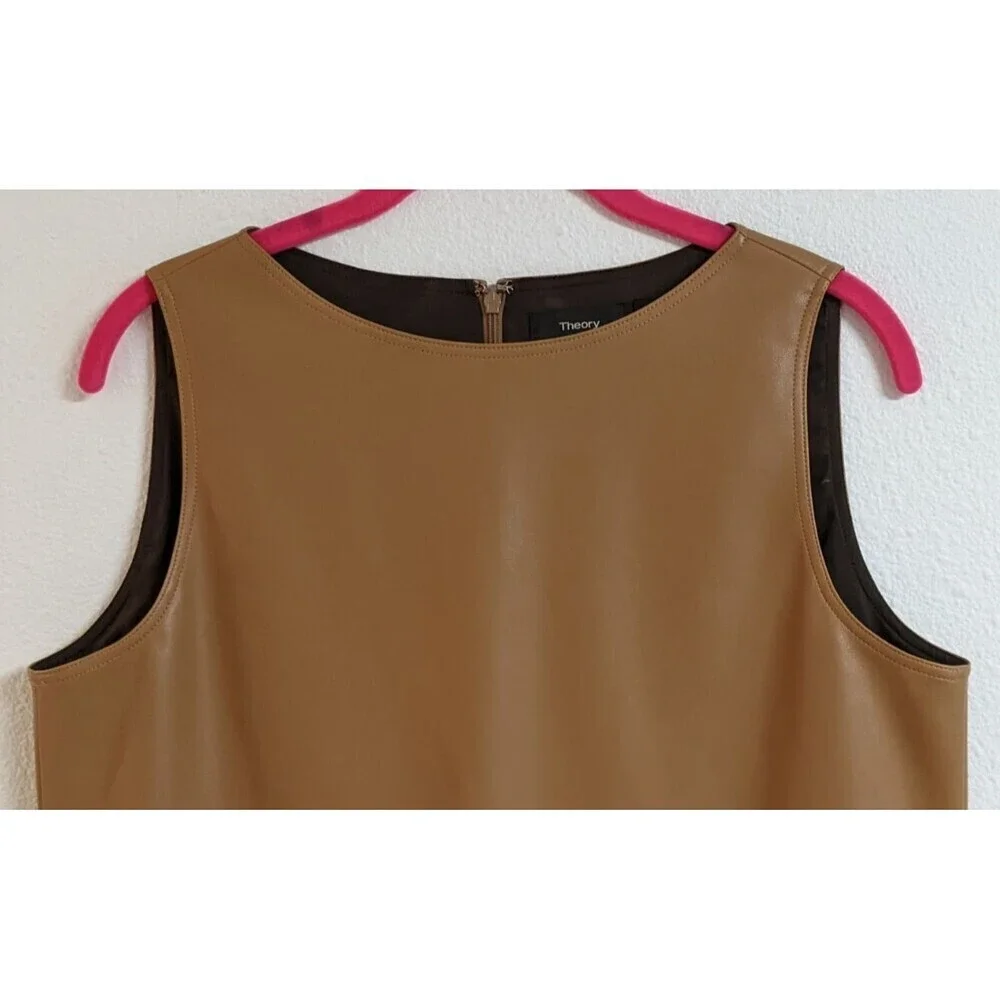 NWOT~Women's THEORY Tan Faux Leather Mod Sleeveless Shift Dress 6 - Picture 4 of 11